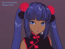 3d bimbofication black_hair blue_eyes china_dress dark_skin earrings flamekin hair_ornament text twintails