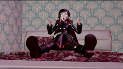 3d bed black_hair blow-up_doll boots dollification grey_eyes open_mouth ruby_rose rwby shiny_skin
