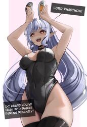 ahoge border breasts bunny_ears bunnysuit clothed elf_ears english_text eroborne femsub heart heart_eyes mole navel open_mouth pink_background purple_hair red_eyes simple_background smile speech_bubble symbol_in_eyes text thighhighs tight_clothing tongue very_long_hair vivian_banshee zenless_zone_zero