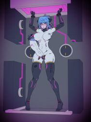 armpits arms_above_head bangs blue_hair blush boots censored clothed_exposure cuffs dead_source empty_eyes erect_nipples erection expressionless futanari futasub gloves glowing large_breasts lipstick maru_mui multicolored_hair navel nipples opera_gloves penis pink_hair pink_lipstick ponytail pussy_juice red_eyes ribbon robotization standing sweat tears tech_control thigh_boots thighhighs