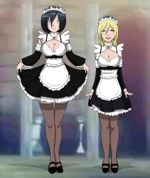  attack_on_titan black_hair blonde_hair blue_eyes breasts cleavage dress drool empty_eyes eye_roll female_only femsub grey_eyes happy_trance high_heels historia_reiss large_breasts long_hair maid maid_headdress mikasa_ackerman multiple_girls multiple_subs open_mouth p.chronos shoes short_hair smile standing standing_at_attention thighhighs 