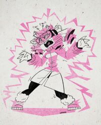  4five1 absurdres antenna boots clothed drill_hair electricity female_only femsub madelyn_(4five1) open_mouth original pink_hair ring_eyes signature simple_background skirt sweat sweater unhappy_trance visor zipper 
