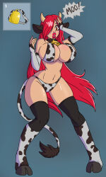 animal_ears bimbofication breasts cow_girl cow_print cowbell erza_scarlet fairy_tail fake_animal_ears fingerless_gloves gloves hair_covering_one_eye horns hypnotic_accessory large_breasts large_lips long_hair opera_gloves red_hair solo tail text thighhighs wrenzephyr2