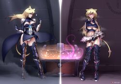  animal_ears armor before_and_after bimbofication blonde_hair blue_eyes blush boots breasts breath cat_girl cleavage cleavage_cutout collar dazed drool eye_color_change female_only feminization femsub garter_straps glowing glowing_eyes happy_trance heart high_heels hypnotic_magic large_breasts long_hair looking_at_viewer magic maid makeup mephiscrypie midriff navel no_haven official panties pink_eyes shoulder_pads signature skirt solo sparkle sweat tail tentacles thigh_boots thighhighs underboob upskirt 