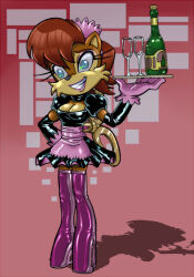  boots brown_hair doll dollification empty_eyes female_only femsub furry happy_trance kandlin latex maid sally_acorn short_hair smile sonic_the_hedgehog_(series) thigh_boots tray waitress wind-up_key 
