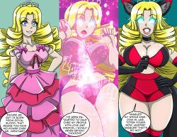  absurdres before_and_after betrayal blonde_hair blue_eyes breasts cleavage female_only femsub glowing glowing_eyes happy_trance large_breasts large_lips long_hair open_mouth original princess princess_caelia_(kachopper9) smile text zorro-zero 