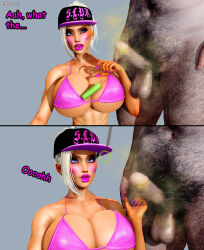 3d abs age_difference aware before_and_after bimbofication blue_eyes blush breasts cleavage collarbone erection expressionless femsub hat huge_breasts maledom open_mouth original pendulum penis pink_lipstick ronail short_hair smegma smell text ugly_bastard white_hair 
