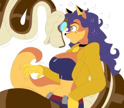 blue_hair breasts carmelita_fox cleavage coils collar disney femsub fox_girl furry hypnotic_eyes kaa kaa_eyes large_breasts long_hair maledom open_mouth plsgts simple_background sly_cooper_(series) snake surprised the_jungle_book trembling white_background