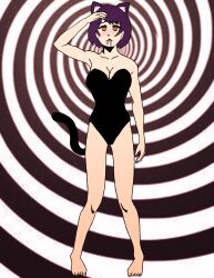 absurdres ake_(samri) animal_ears armpits bare_shoulders barefoot black_hair breasts cat_ears cat_girl cleavage drool femsub large_breasts mizspiral original saluting short_hair spiral_background standing standing_at_attention tail yellow_eyes