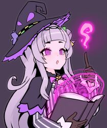  accidental_hypnosis aura blush book clothed female_only femsub gloves glowing_eyes grey_hair hat hololive hypnotic_magic long_hair magic magic_circle moral_cacoethes open_mouth purple_eyes self_hypnosis shion_murasaki simple_background solo spiral_eyes virtual_youtuber white_hair witch witch_hat 