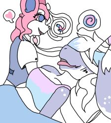  blindfold breasts dazed empty_eyes fangs female_only femdom femsub furry happy_trance heart kayuksif large_breasts long_hair multicolored_hair nintendo open_mouth pillow pink_hair pokemon pokemon_(creature) purple_eyes purple_skin simple_background smile spiral sylveon tongue white_background 