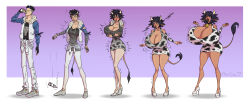 absurdres animal_ears before_and_after bimbofication black_hair breast_expansion breasts cow_girl cowbell heterochromia high_heels horns huge_breasts large_breasts maxtyan-tf original short_hair tail transformation transgender