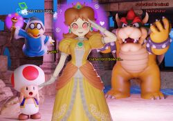    3d absurdres bowser brown_hair clothed confused crashtrance crown dialogue dress earrings femsub glasses gloves happy_trance heart hypnotic_magic magic magic_wand magikoopa maledom nintendo open_mouth princess princess_daisy red_eyes saluting smile spiral spiral_eyes standing standing_at_attention super_mario_bros. symbol_in_eyes text toad_(mario) 
