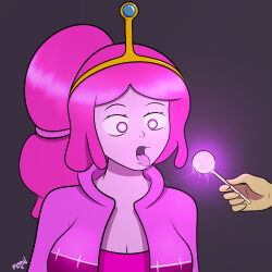  adventure_time cleavage clothed crown drool glowing glowing_eyes hypnotic_food jacket licking lollipop long_hair m00n_key open_mouth pink_eyes pink_hair pink_skin ponytail princess princess_bubblegum signature simple_background tongue tongue_out 