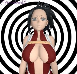 3d bare_shoulders black_hair breasts cleavage female_only femsub hypnolordx large_breasts momo_yaoyorozu my_hero_academia open_mouth ponytail source_filmmaker spiral_eyes standing standing_at_attention symbol_in_eyes