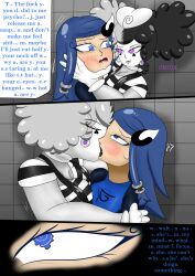 azure_blade blue_eyes blue_hair evil_smile grey_hair grey_skin kissing mime onorgasmic purple_eyes spiral_eyes