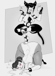 black_hair chun-li collar drool feet femdom femsub gloves greyscale happy_trance juri_han large_ass lollipop pink_eyes polmanning smile spiral_eyes street_fighter