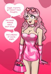 bimbofication black_clover clothed collar collarbone dress earrings english_text eyeshadow female_only femsub gloves happy_trance heart_eyes hy2300 lipstick open_mouth pink_eyes pink_hair smile speech_bubble sunglasses text vanessa_enoteca