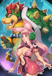  absurdres ai_art antenna blue_eyes bowser bunny_ears claws crossover earpiece empty_eyes expressionless femsub heart hellsing002_(generator) large_breasts long_hair maledom melona nintendo nipples pink_hair queens_blade remote_control scales sharp_teeth slime super_mario_bros. tech_control turtle_boy unusual_pupils 