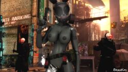  3d absurdres alternate_costume armor bare_shoulders belt bexstin bottomless breast_expansion breasts cleavage collarbone combine_assassin combot consul_(hl2-beta) erect_nipples fake_animal_ears femdom gas_mask genderswap glowing glowing_eyes gun half-life_2 half-life_2_beta huge_breasts hypnotized_dom maledom metrocop navel nude red_eyes source_filmmaker standing standing_at_attention tech_control text thighhighs topless valve watermark 