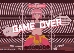  ahoge arms_behind_back beat_(unbeatable) blush clothed collarbone crop_top cum defeated drool dumbskull erection_under_clothes expressionless eyebrows_visible_through_hair female_only femsub gameplay_mechanics heart hypnotic_music kneeling looking_at_viewer midriff music navel open_mouth pants penis pink_hair ring_background shoes short_hair solo spiral_eyes text transfem transgender_identity unbeatable 