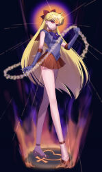  a.m. absurdres bare_legs blonde_hair breasts chains choker corruption earrings expressionless female_only glowing hair_ribbon high_heels long_hair looking_at_viewer magical_girl opera_gloves red_eyes ribbon sailor_moon_(series) sailor_venus short_skirt skirt solo symbol 