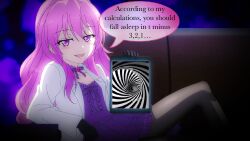  female_only femdom hypnotic_screen ibarada_ena looking_at_viewer pink_eyes pink_hair pov pov_sub science_fell_in_love_so_i_tried_to_prove_it tech_control text thighhighs 