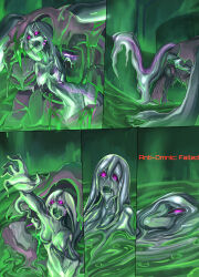 absurdres black_sclera breasts comic d.va glowing glowing_eyes ibenz009 liquid_metal overwatch purple_eyes robot text