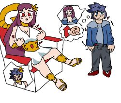  absurdres blue_eyes blue_hair blush body_swap breast_grab breasts chair crossdressing donnothing23 erection erection_under_clothes eye_color_change femsub goddess groping heart heterosexual holding_breasts lipstick long_hair makeup malesub original pants possession purple_hair saint_seiya sandals saori_kido shirt shochi_(donnothing23) short_hair simple_background sitting standing symbol thought_bubble trembling white_background 