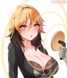  black_hair blonde_hair breasts cleavage dazed erika_(er-ikaa) female_only femsub hypno_beam jimmy_neutron_(series) multicolored_hair newmoonshira open_mouth original solo spiral_eyes symbol_in_eyes tech_control text watermark 