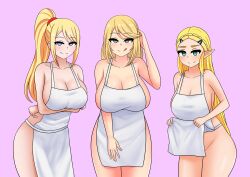  apron blonde_hair bottomless breasts breath_of_the_wild cleavage collarbone cynthia elf_ears female_only femsub happy_trance holding_breasts huge_breasts large_breasts leaning_forward licking_lips long_hair looking_at_viewer metroid_(series) mole multiple_girls multiple_subs naked_apron nintendo pokemon pokemon_diamond_pearl_and_platinum ponytail princess princess_zelda samus_aran simple_background smile spiral_eyes symbol_in_eyes the_legend_of_zelda the_only_shoe tongue 