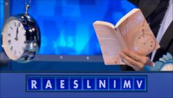 8/10_cats_does_countdown animated animated_gif blonde_hair dress expressionless femsub jimmy_carr maledom pendulum pocket_watch rachel_riley real