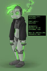bottomless green_eyes male_only malesub mr.h open_mouth original progress_indicator robot robotization standing standing_at_attention symbol_in_eyes tech_control text transformation