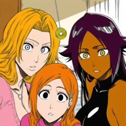 ai_art ai_voice awakening bleach empty_eyes expressionless hair_ornament hellsing002_(generator) jewelry large_breasts long_hair necklace orange_hair orihime_inoue pendulum purple_hair rangiku_matsumoto spiral_eyes tagme video yoruichi_shihoin