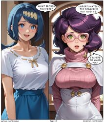 ai_art blue_hair devianbar dialogue glasses lana&#039;s_mother large_breasts long_hair nintendo pokemon purple_hair short_hair team_hypno text wicke