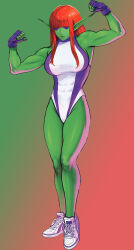 bangs bare_legs cosplay eiselin_burchelli_meijal_hulkenberg elf_ears female_only femsub fingerless_gloves gloves green_skin happy_trance humor leotard manip marvel_comics metaphor:refantazio muscle_girl posing purple_eyes red_hair she-hulk sleepyhead97_(manipper) sneakers spiralwash_eyes standing straight-cut_bangs