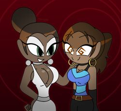 bare_shoulders belt brown_eyes brown_hair capcom choker cleavage dark_skin dress earrings empty_eyes excella_gionne eyebrows_visible_through_hair eyelashes eyeshadow female_only femdom femsub green_eyes hand_on_another&#039;s_cheek hand_on_hip happy_trance hypnoscream large_breasts opera_gloves pants ponytail resident_evil resident_evil_5 sheva_alomar shiny_hair shiny_skin sideboob smile smirk spiral_eyes standing tank_top tied_hair wide_hips