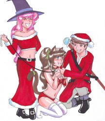 animal_ears blue_eyes brown_hair cat_girl character_request christmas collar copyright_request dog_pose empty_eyes feet femdom femsub happy_trance hat kneeling leash long_hair maledom pet_play pink_hair ponytail santa_hat suechan thighhighs traditional witch witch_hat wizard