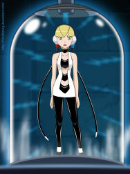  blonde_hair electricity elesa expressionless female_only femsub fitzoblong headphones nintendo pokemon pokemon_black_and_white solo spiral_eyes standing standing_at_attention stasis_tank symbol_in_eyes 