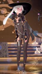  3d androgynous_dom breasts candle corruption eye_color_change femsub flame floating genshin_impact glowing_eyes hair_color_change hat kuromaru leaning_forward looking_at_viewer m.u.g.e.n. mona_(genshin_impact) pantyhose pink_eyes posed posing possession standing tagme taihou1944 thighs white_hair 