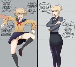  before_and_after blonde_hair corporatification dialogue faetomi femsub forced_employee hair_buns himiko_toga my_hero_academia school_uniform straight-cut_bangs suit tagme text yellow_eyes 