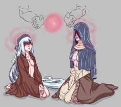 absurdres black_hair dark_souls dress drool female_only femsub glowing glowing_eyes gmun hat hypnotic_orb kneeling long_hair magic open_clothes open_mouth open_shirt original painting_woman sister_friede skirt white_hair