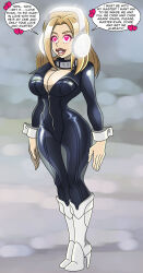 absurdres begging blonde_hair bodysuit breasts camie_utsushimi cleavage cuffs earmuffs female_only femsub happy_trance heart heart_eyes high_heels hypnotic_accessory large_breasts latex long_hair love my_hero_academia smile solo standing standing_at_attention super_hero symbol_in_eyes zipper zorro-zero 