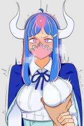  ahoge blue_hair blush breast_grab breasts clothed erect_nipples erect_nipples_under_clothes face_mask femsub glowing_eyes groping horns long_hair mask multicolored_hair one_piece panting pink_eyes ryuugu simple_background sweat trembling ulti_(one_piece) 