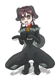  bad_end begging bell_collar bodysuit brown_eyes brown_hair collar corruption dog_girl elly_snail empty_eyes femsub gertrud_barkhorn latex precure smile_precure! squatting strike_witches tongue_out 