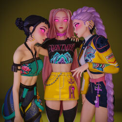 3d bare_shoulders black_hair blush braid choker clothed collarbone crop_top dazed earrings eyeshadow female_only femsub fingerless_gloves glowing_eyes hair_buns hand_on_head hypnotic_accessory hypnotized_hypnotist itsybitsystories jacket jewelry kpop_demon_hunters legs lipstick long_hair makeup midriff mira_(kpop_demon_hunters) multiple_girls multiple_subs nail_polish open_mouth pants pink_hair purple_hair ring rumi_(kpop_demon_huunters) shirt short_hair short_shorts simple_background spiralwash_eyes thighhighs twintails wrist_band yellow_background zoey_(kpop_demon_hunters)