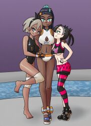 aged_up alternate_costume bare_legs bare_shoulders barefoot bea_(pokemon) black_hair blush cleavage clothed collar dark_skin empty_eyes feet female_only femsub grey_hair happy_trance legs leotard looking_at_viewer marnie_(pokemon) midriff mythkaz nail_polish navel nessa_(pokemon) nintendo pokemon pokemon_sword_and_shield smile standing swimsuit