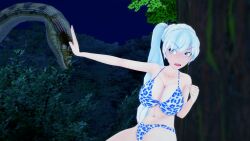  3d angry bikini blue_eyes breasts disney kaa large_breasts leopard_print lipstick long_hair makeup mmd mrkoiru outdoors pale_skin ponytail rwby sitting snake surprised the_jungle_book trees weiss_schnee white_hair 