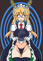 burnup666 expressionless female_only femsub horns large_breasts long_hair maid maid_headdress miss_kobayashi's_dragon_maid orange_hair panties skirt_lift spiral_eyes tohru_(maidragon) watermark