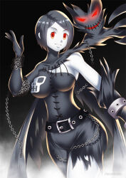 black_hair breasts chains corruption digimon empty_eyes evil_smile glowing glowing_eyes gradient_background hadant kari_kamiya ladydevimon large_breasts pale_skin red_eyes short_hair signature simple_background smile solo torn_clothes watermark wings